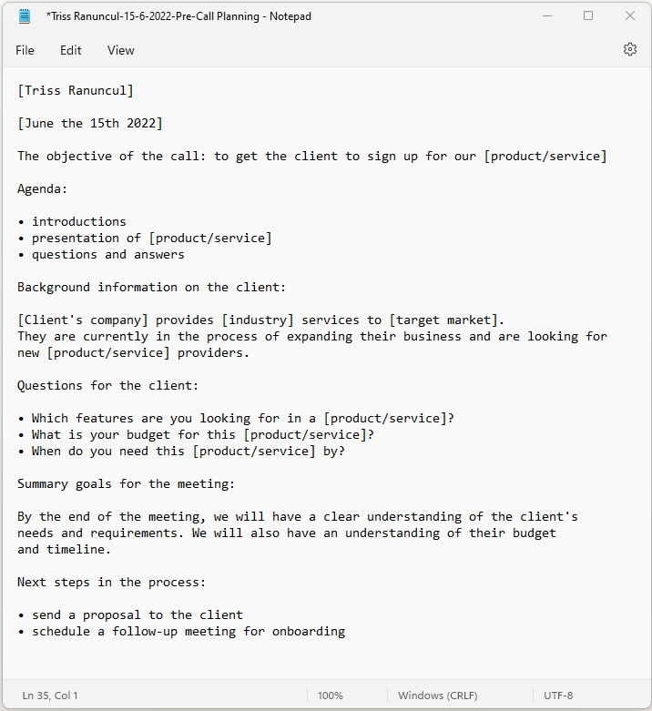 Primjeri bilješki za planiranje prije poziva