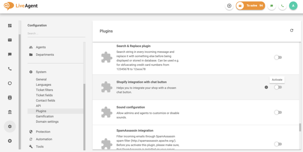 Shopify Integration with chat button in the LiveAgent plugin list