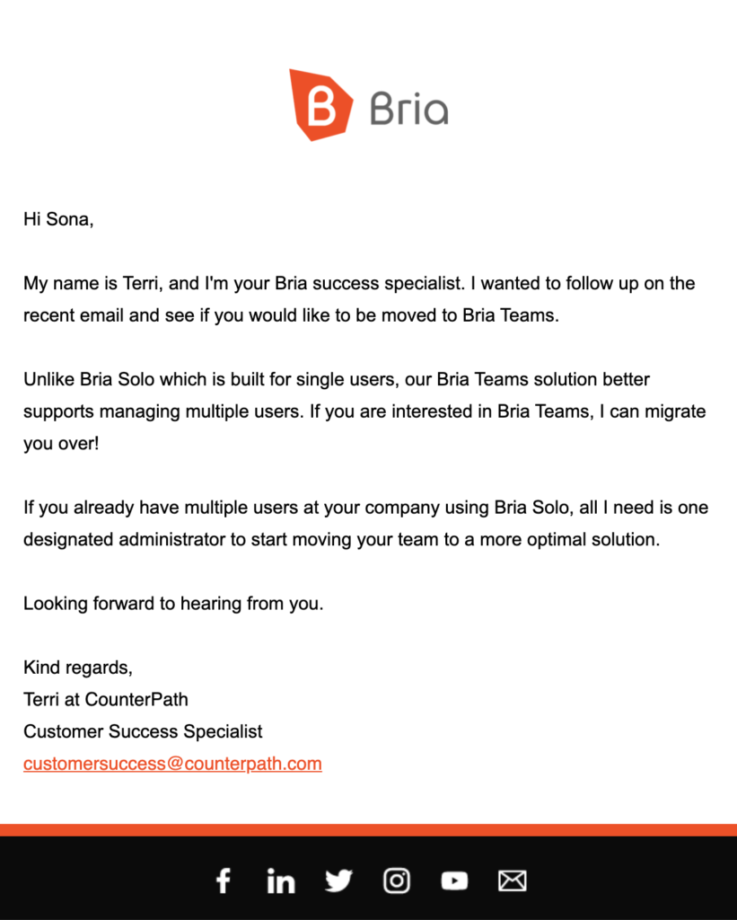 Bria follow-up email korisničke podrške
