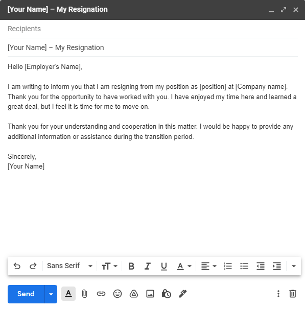 Email predložak - Ostavka