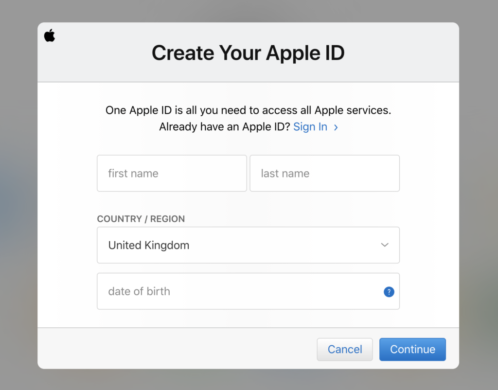 iCloud account registration form