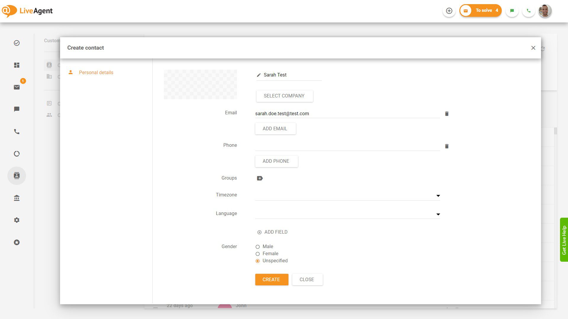 Free help desk system - LiveAgent -create a contact