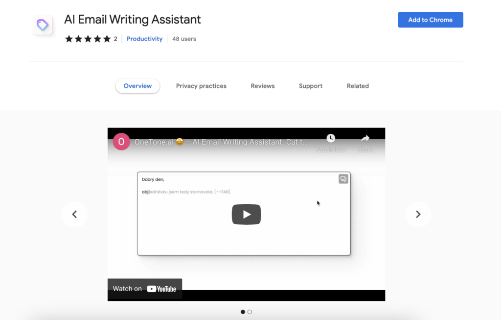 Slika koja prikazuje OneTone Google Chrome ekstenziju unutar web trgovine
