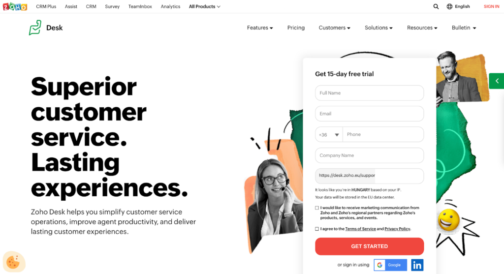 Zoho desk ticketing system homepage