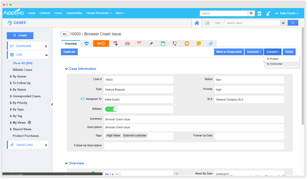 Example of submitted browser crash issue in Apptivo