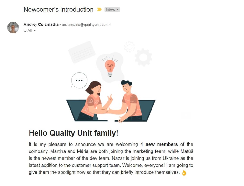 Quality Unit-ov email za predstavljanje novih zaposlenika