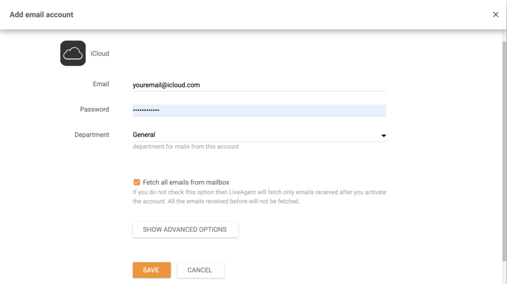 iCloud email address setup in LiveAgent
