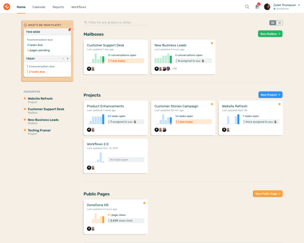 DoneDone dashboard of tracking software