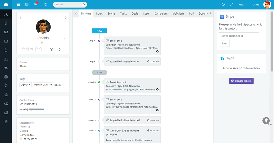 Agile dashboard showing contact details and timeline
