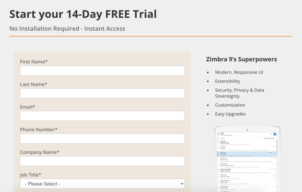Zimbra trial page with empty form